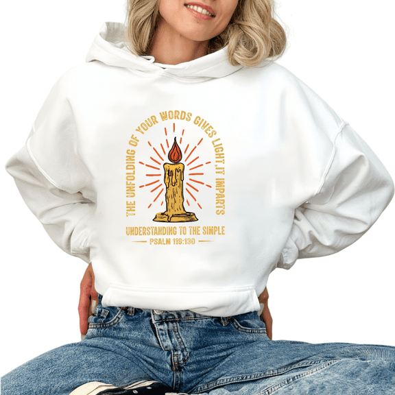 Women's Psalm 119:130 Candle-Themed Graphic Hoodie Top Cozy Casual Breathable Hooded long-sleeved White S-2XL
