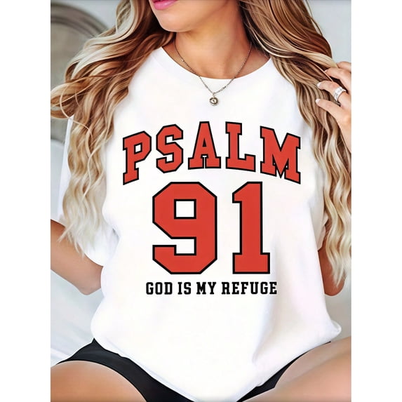 Women's Psalm 91 Christian T Shirt, God Is My Refuge Faith Graphic Tee, Inspirational Bible Verse Shirt, Religious Short Sleeve Cotton Top