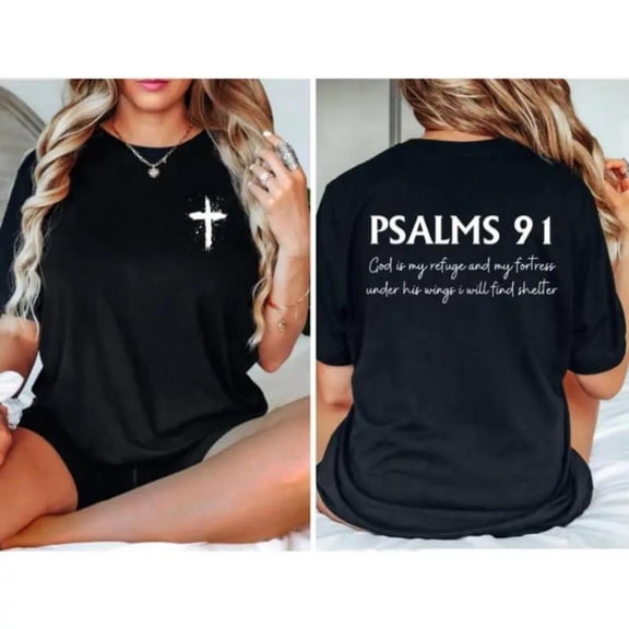 Women's Psalms 91 Graphic Breathable T Shirt Comfortable Short Sleeve Round Neck Top Black S-5XL