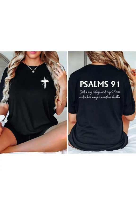 Women's Psalms 91 Graphic Breathable T Shirt Comfortable Short Sleeve Round Neck Top Black S-5XL