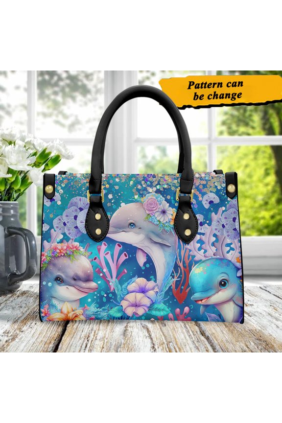 Women's Pu Leather Clutch Bag Cute Dolphin Pattern High Quality Portable Top Handle Cross Body Blue Bags Girls Shoulder