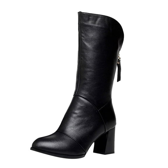 Women's Pu Leather Mid Calf Boots Pointed Toe Chunky Block High Heels Booties Solid Color Waterproof Boots