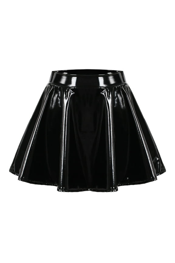 Women's Pu Leather Skirt Glossy Pleated A-Line Skirts Stage Performance Mini Skirt