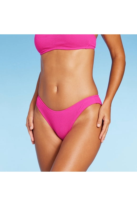 Women's Pucker Textured High Leg Cheeky Bikini Bottom Hot Pink XXS