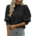 thumbnail image 1 of Women's Puff 3/4 Sleeve Crewneck Tunic Shirts Shrug Slim Fit Solid Trendy Tops Ladies Elegant Blouses Pullovers Black,M, 1 of 6