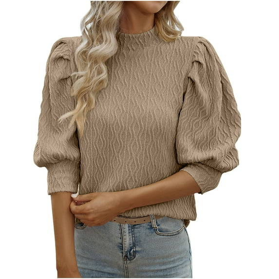 Women's Puff 3/4 Sleeve Crewneck Tunic Shirts Shrug Slim Fit Solid Trendy Tops Ladies Elegant Blouses Pullovers Brown,L