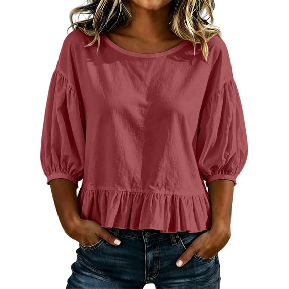 Women's Puff Half Sleeve Peplum Tops Loose Fit Blouse Casual Work Business Summer Shirts Keyhole Back Tie Neck