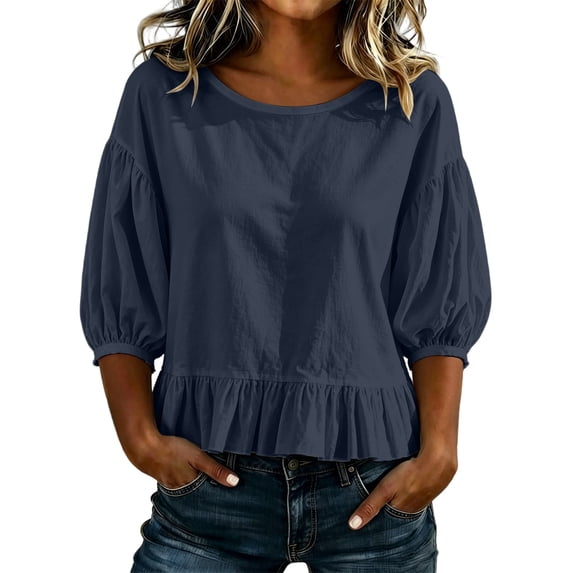 Women's Puff Half Sleeve Peplum Tops Loose Fit Blouse Casual Work Business Summer Shirts Keyhole Back Tie Neck