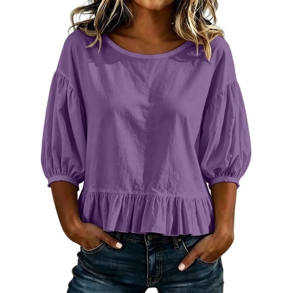 Women's Puff Half Sleeve Peplum Tops Loose Fit Blouse Casual Work Business Summer Shirts Keyhole Back Tie Neck