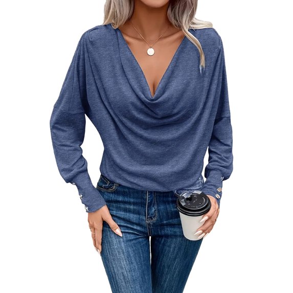 Women's Puff Long Sleeve Cowl Neck Blouse Stretch Polyester Ruched Front Layering Top Office Casual