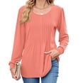 thumbnail image 1 of Women's Puff Long Sleeve Shirts Pleated Crew Neck Dressy Casual Blouses Fall Trendy Flowy Loose Fit Tunic Tops, 1 of 7