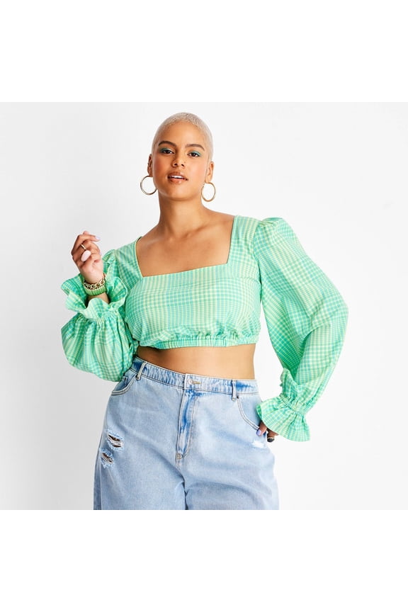 Women's Puff Long Sleeve Square Neck Plaid Crop Top - Future Collective with Alani Noelle Green 1X