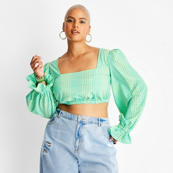 Women's Puff Long Sleeve Square Neck Plaid Crop Top - Future Collective with Alani Noelle Green 1X
