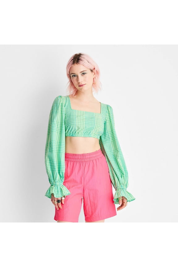Women's Puff Long Sleeve Square Neck Plaid Crop Top - Future Collective with Alani Noelle Green L