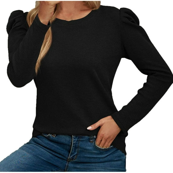 Women's Puff Long Sleeve Sweaters Dressy Crewneck Casual Winter Waffle Knit Loose Fit Pullover Sweater Tops Plus Size