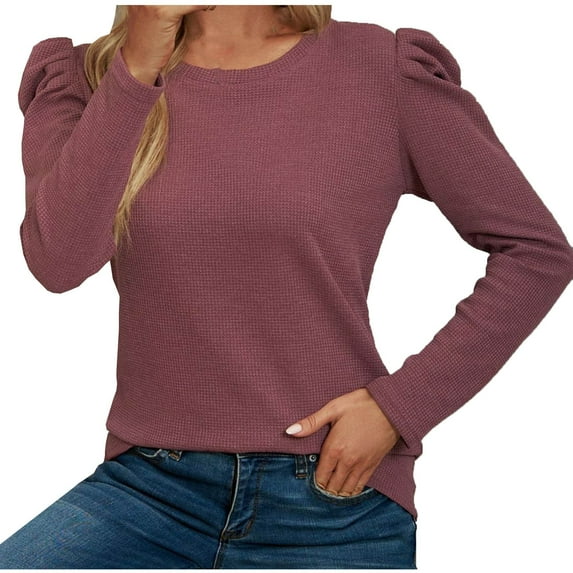 Women's Puff Long Sleeve Sweaters Dressy Crewneck Casual Winter Waffle Knit Loose Fit Pullover Sweater Tops Plus Size