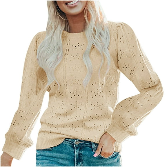 Women's Puff Long Sleeve Tops Dressy Casual Crew Neck Pullover Hollow Out Knit Sweater Shirt Solid Color Fall Clothes (Khaki S)