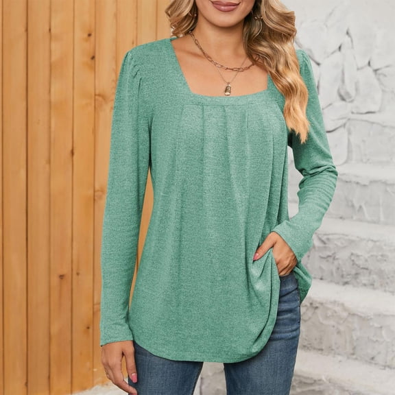 Women's Puff Long Sleeve Tops Dressy Casual Square Neck Pleated Work Blouse Fall Trendy Tunic Flowy Chiffon Shirts