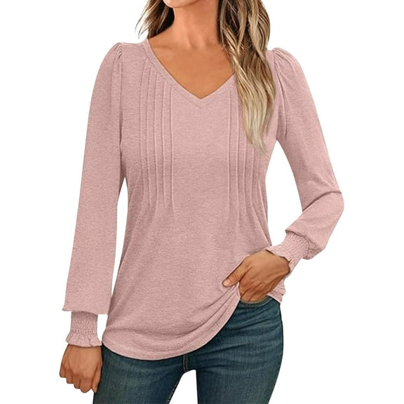 Women's Puff Long Sleeve Tunic Tops Pleated V Neck Blouses Dressy Shirts Causal Loose Fit Summer T-Shirts 01-Beige S