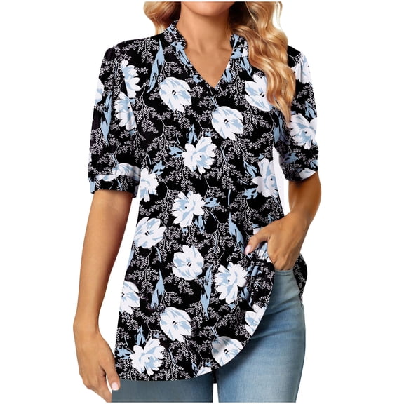 Women's Puff Short Sleeve Color Print T shirts Casual Dressy Tops Work Blouses V Neck Shirts