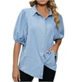 thumbnail image 1 of Women's Puff Short Sleeve Denim Shirt, Button up Denim Jacket with Pockets Boyfriends Fashion Vintage Jean Shirts Blue M, 1 of 7