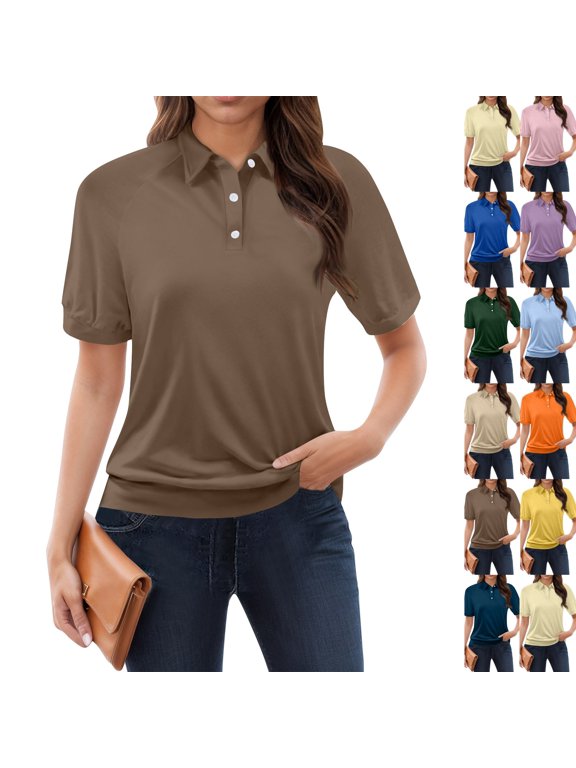 Women's Puff Short Sleeve Polo Shirts Casual Collared Stretch Tops Comfort-Focused Casual Polo Top Light Brown XL