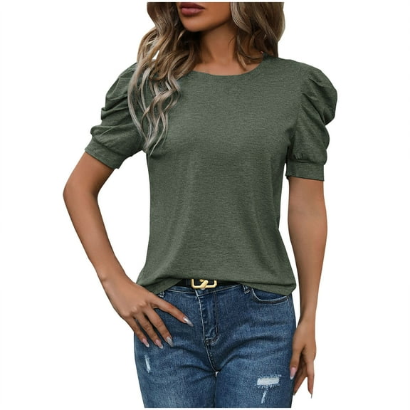 Women's Puff Short Sleeve Shirts 2025 Summer Trendy Crew Neck Loose Fit Tops Fashion Casual Solid Color Blouses (M, Army Green)