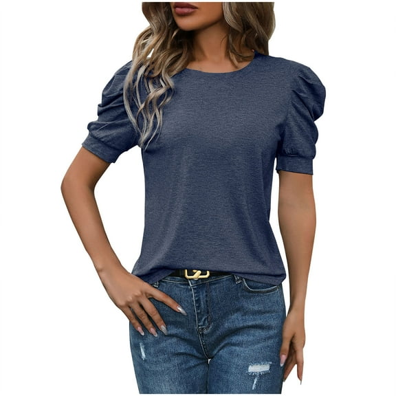 Women's Puff Short Sleeve Shirts 2025 Summer Trendy Crew Neck Loose Fit Tops Fashion Casual Solid Color Blouses (S, Navy)