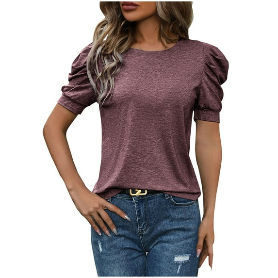 Women's Puff Short Sleeve Shirts 2025 Summer Trendy Crew Neck Loose Fit Tops Fashion Casual Solid Color Blouses (XL, Purple)