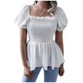 thumbnail image 1 of Women's Puff Short Sleeve Square Neck Shirred Ruffle Smocked Peplum Blouse Tops Shirt Cute Babydoll Tops Blouses, 1 of 5