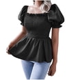 thumbnail image 1 of Women's Puff Short Sleeve Square Neck Shirred Ruffle Smocked Peplum Blouse Tops Shirt Cute Babydoll Tops Blouses, 1 of 5