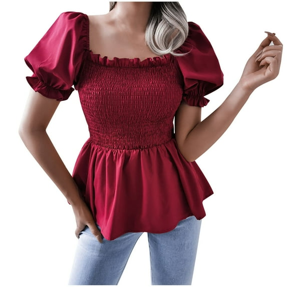 Women's Puff Short Sleeve Square Neck Shirred Ruffle Smocked Peplum Blouse Tops Shirt Cute Babydoll Tops Blouses