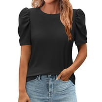 Women's Puff Short Sleeve Sweater 2025 Spring Summer Tops Trendy Business Casual Outfits Work Blouses Clothes