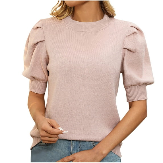 Women's Puff Short Sleeve Sweater Tops Spring Summer Trendy Crew Neck Loose Fit Knit T-Shirts Solid Color Casual Shirts (Beige M)