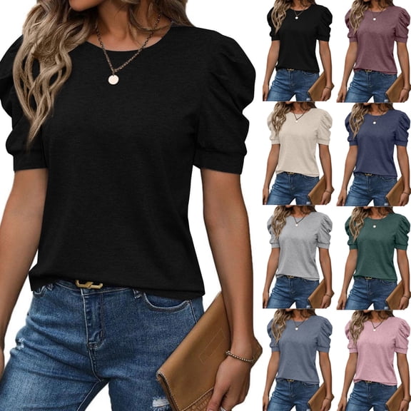 Women's Puff Short Sleeve T Shirts Crew Neck Casual Summer Vacation Tops,Black S