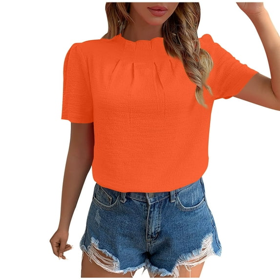 Women's Puff Short Sleeve Tops Summer Trendy Mock Neck Pleated Slim Fit Blouses Casual Solid Color Tunic Shirts (2XL, Orange 2)