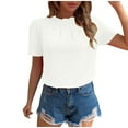 thumbnail image 1 of Women's Puff Short Sleeve Tops Summer Trendy Mock Neck Pleated Slim Fit Blouses Casual Solid Color Tunic Shirts (M, White), 1 of 7