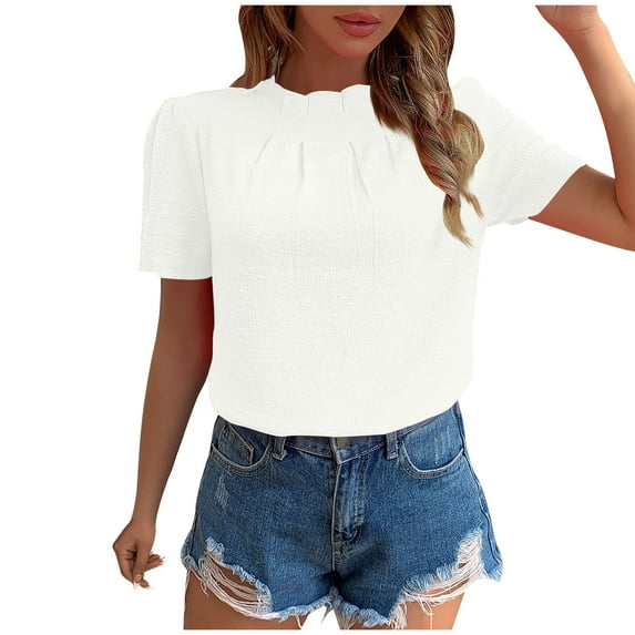 Women's Puff Short Sleeve Tops Summer Trendy Mock Neck Pleated Slim Fit Blouses Casual Solid Color Tunic Shirts (M, White)