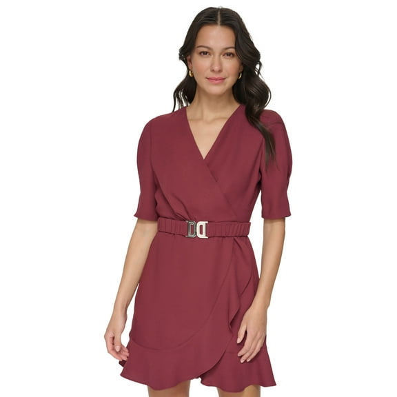 Women's Puff-Sleeve Belted Faux-Wrap Dress Cabernet XS