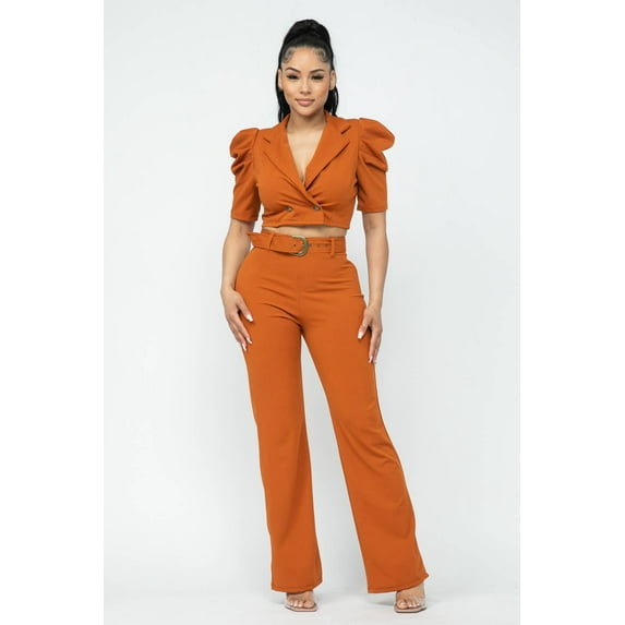 Women's Puff Sleeve Blazer and Belted Pant Suit Set
