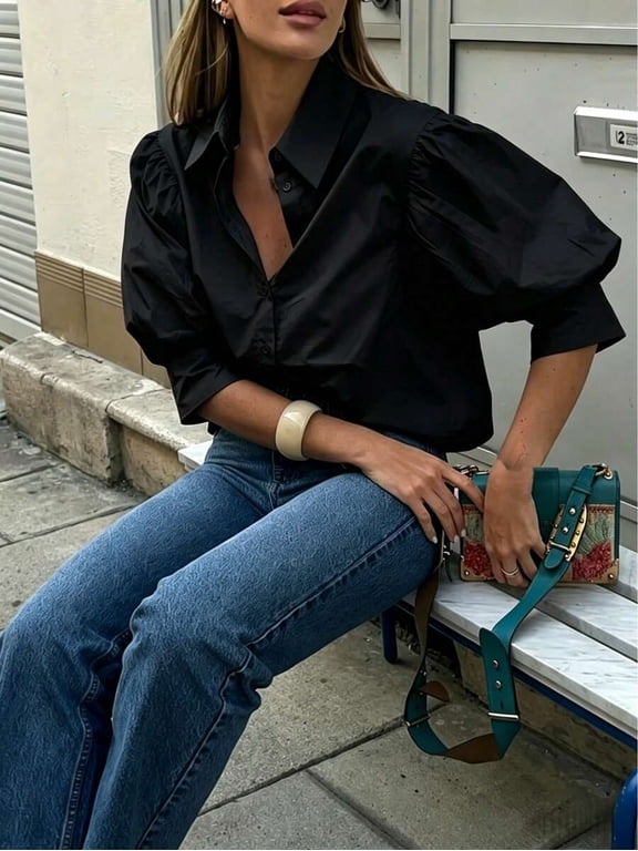 Women's Puff Sleeve Blouse Loose Fit Vintage Casual Top Elegant for Daily Wear Dating Business