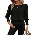 thumbnail image 1 of Women's Puff Sleeve Blouse Smocked Waist Long Sleeve Crewneck Solid Pullover Top Black 2XL, 1 of 6