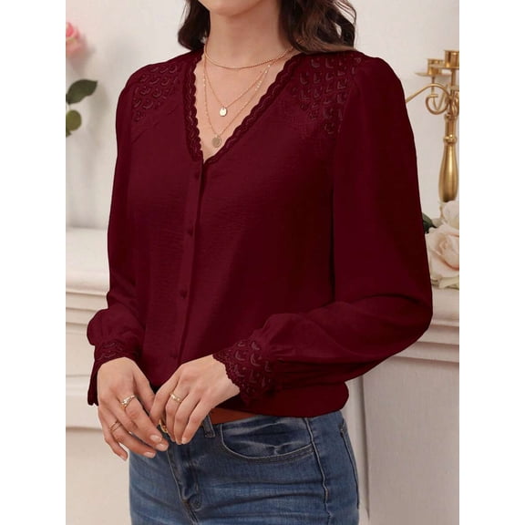 Women's Puff Sleeve Blouse V-Neck Button Down Shirt with Lace Cuffs Long Sleeve Top for Everyday Style