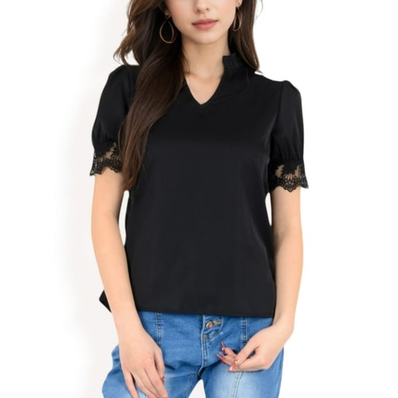 Women's Puff Sleeve Blouse with Delicate Crochet Cuffs and V-Neckline- Black,Small