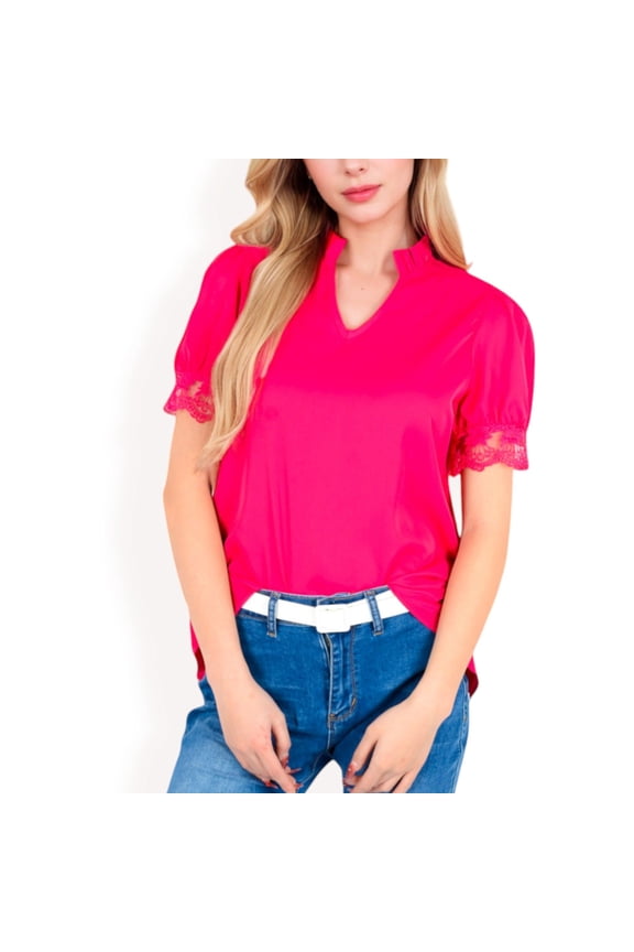 Women's Puff Sleeve Blouse with Delicate Crochet Cuffs and V-Neckline- Fuchsia,X Large