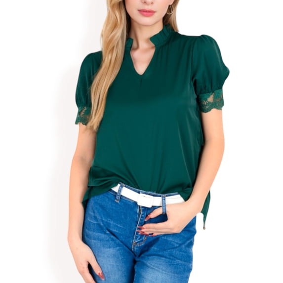 Women's Puff Sleeve Blouse with Delicate Crochet Cuffs and V-Neckline- Olive Green,Small