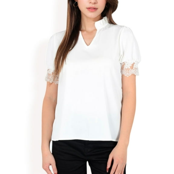 Women's Puff Sleeve Blouse with Delicate Crochet Cuffs and V-Neckline- White,X Large