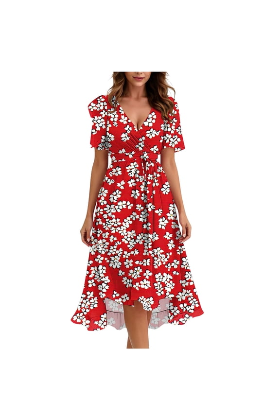 Women's Puff Sleeve Boho Flowy Maxi Dress, Floral Print Sexy V Neck Summer Swing Wedding Guest Beach Dresses