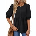 thumbnail image 1 of Women’s Puff Sleeve Button Front Blouse Casual Loose Fit Round Neck Peplum Tunic Top Soft Fabric, 1 of 2