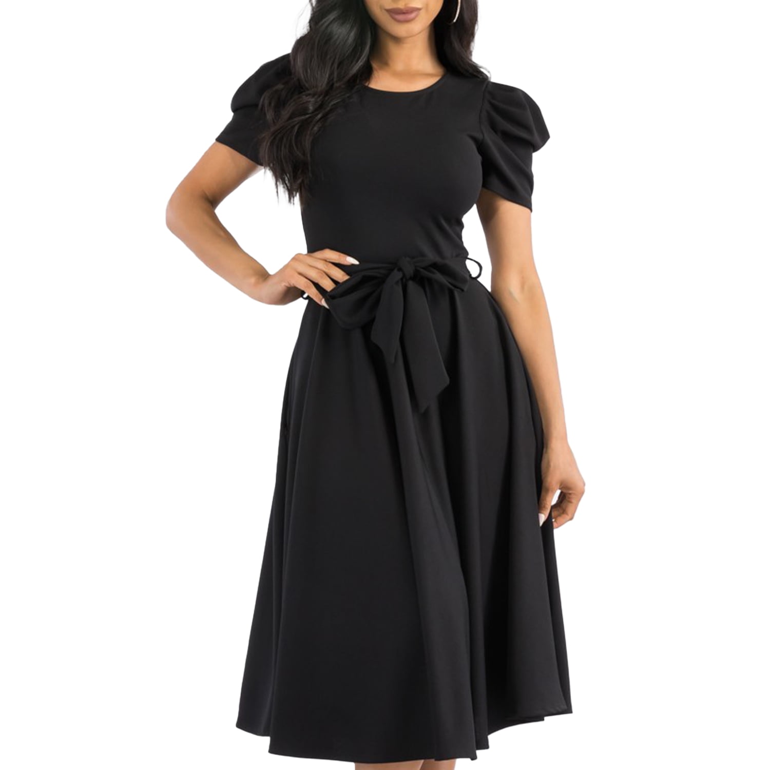 Women's Plus Size Dress with Puff Sleeves and Keyhole Front Casual Chic with Side Pock